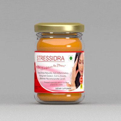 A bottle of Stressidra from Bagdara Farms with a label reading 'Stressidra - Turmeric Based Health Supplement for Stress and Anxiety'. The bottle contains a turmeric supplement, designed to aid those suffering from stress and anxiety.