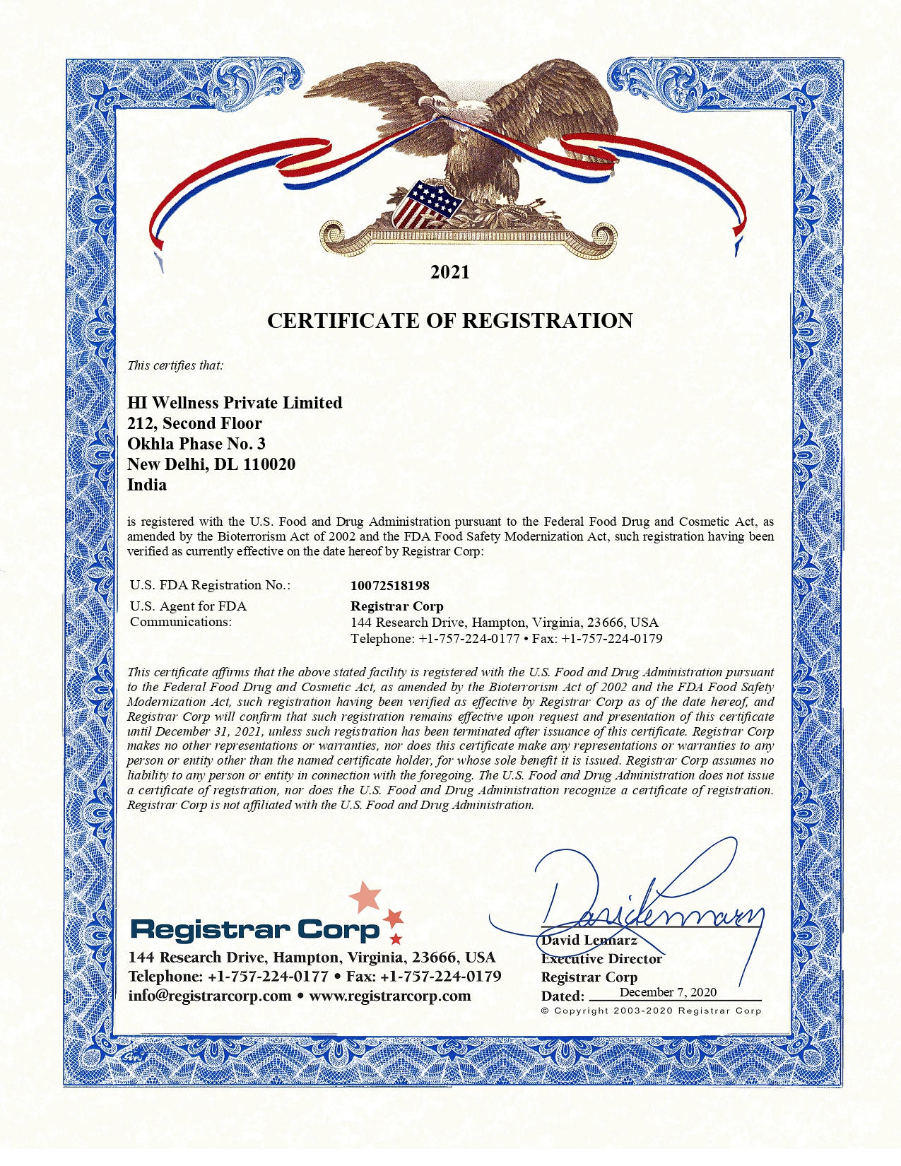 US FDA Certificate Page 0001 