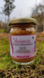A bottle of Shemeric, a natural turmeric-based dietary supplement for women's health from Bagdara Farms.