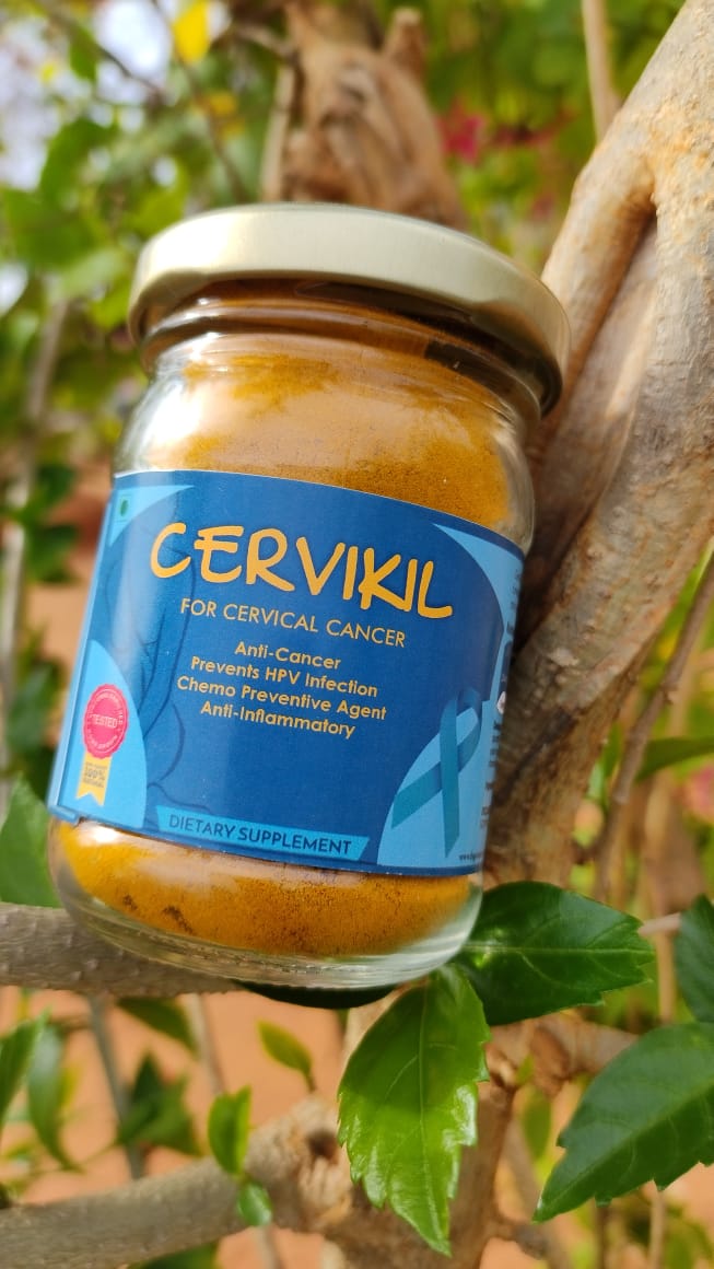 A bottle of Cervikil, a turmeric-based dietary supplement for cervical cancer prevention and treatment, produced by Bagdara Farms.