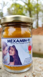 Mexamin-S5 dietary supplement bottle with label, containing organic turmeric extract for natural boost of sexual stamina and overall performance.