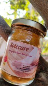 Image of a bottle of Solecare, a turmeric-based dietary supplement from Bagdara Farms, that promotes healthy feet and foot pain relief
