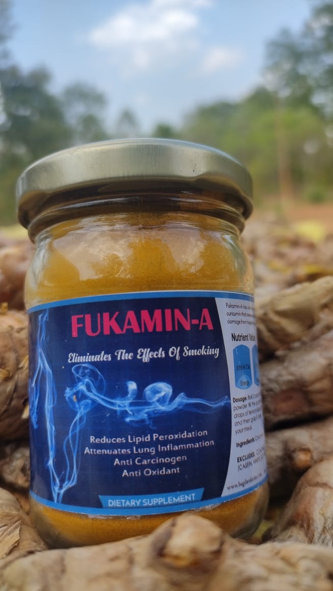 A bottle of Fukamin-A nestled among vibrant turmeric roots at Bagdara Farms