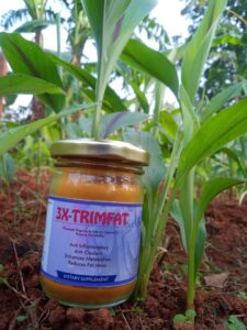Bottle of 3x-Trimfat, a turmeric-based supplement from Bagdara Farms for healthy weight loss