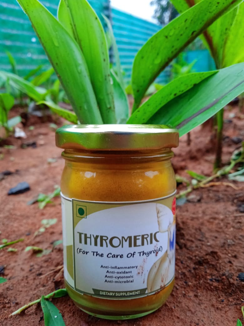 A bottle of Thyromeric, a turmeric-based supplement from Bagdara Farms, supporting thyroid health.